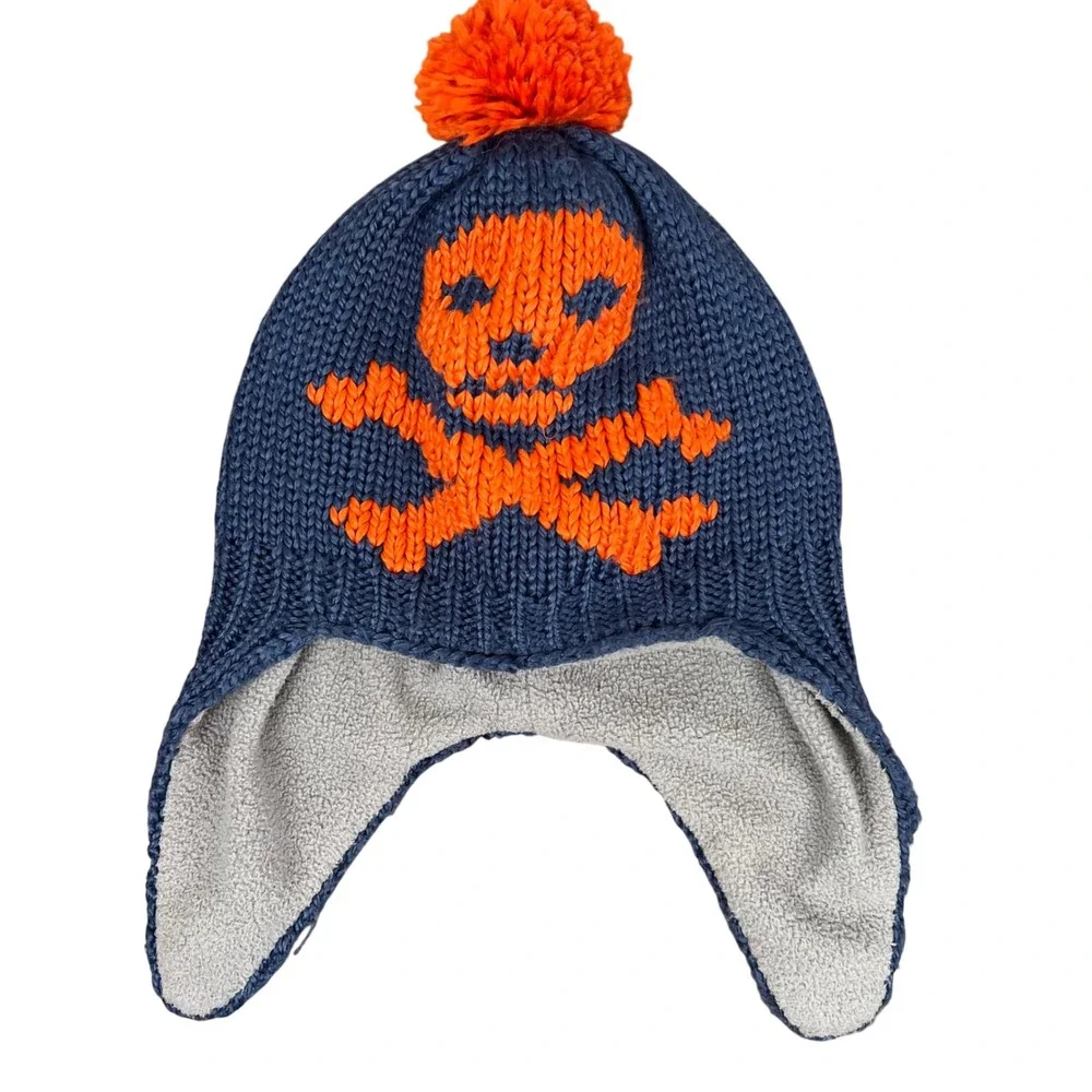 Mini Boden Kids Navy Blue Orange Skull Crossbones Fleece Lined Trapper Hat 2-6y